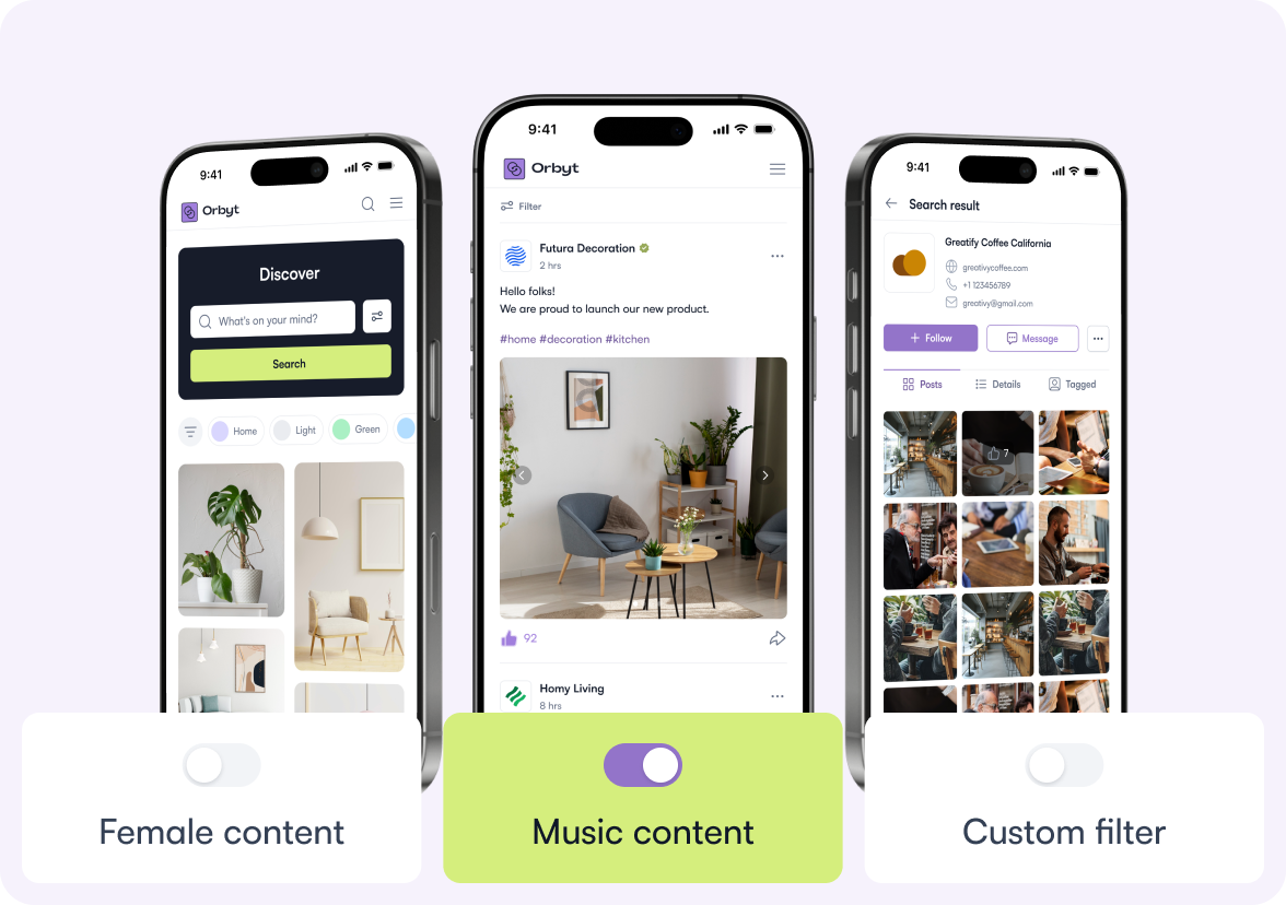 Phone mockups showing content filtering options